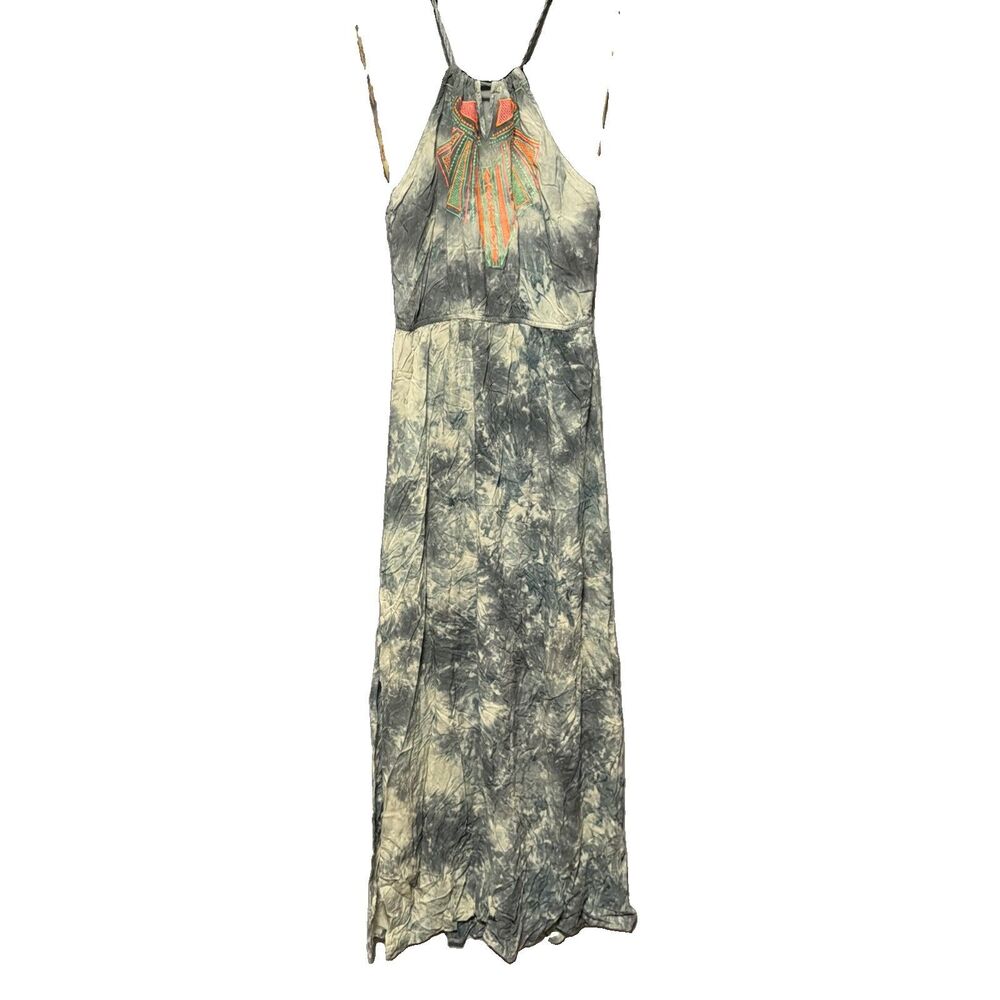 Flying Tomato Grey Tie Dye Neon Embroidered Bohemian Tribal Halter Maxi Dress L